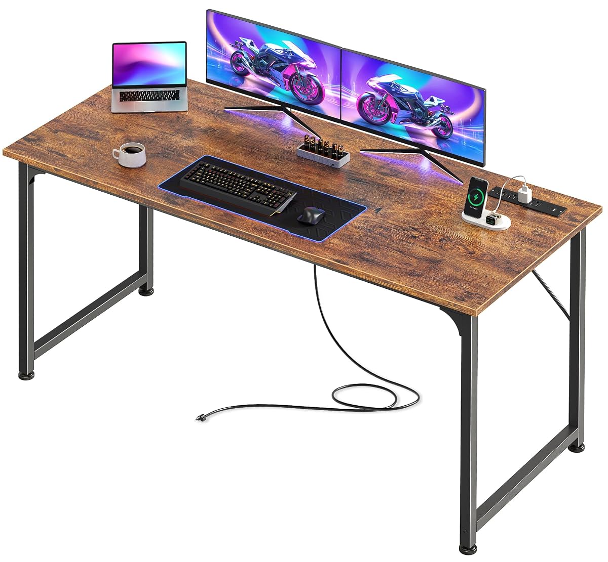55 X 20 Inch Computer Desk, Power Outlets, USB-C, Rustic Brown