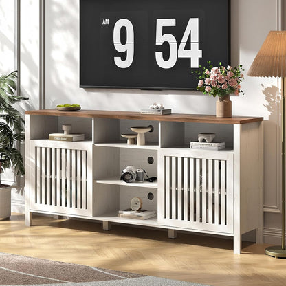 Farmhouse White TV Stand with Grille Doors, 5 Open Storage Compartments