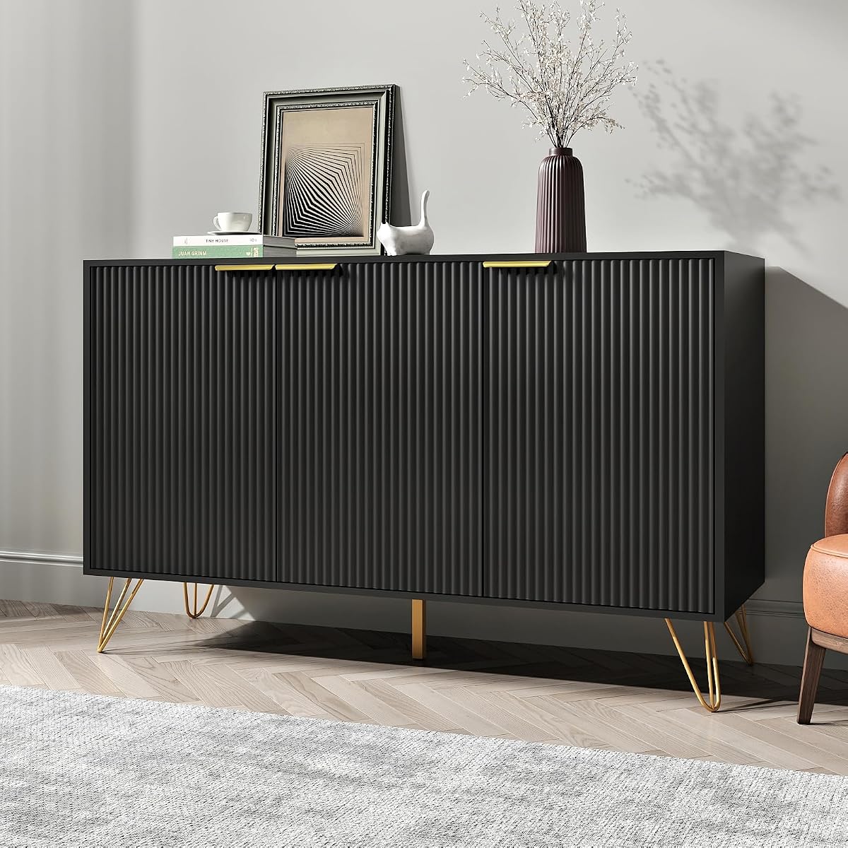 Storage Cabinet with 3 Doors, Sideboard Buffet Cabinet with Storage, Coffee Bar Cabinet with Metal Legs and Adjustable Shelf for Kitchen, Dining Room, Living Room, Office, Black