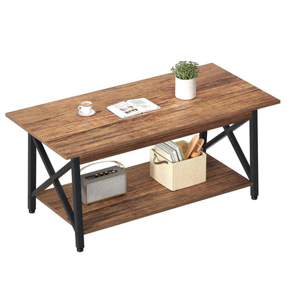 Coffee Table with Storage, 39 inch Modern 2-Tier Coffee Tables for Living Room, X-Frame Design Farmhouse Coffee Table Space Saving Living Room Tables, Easy Assembly, Walnut