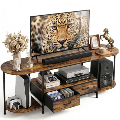 63 Inch TV Stand for TVs Up to 70 Inch, Rustic Brown Entertainment Center with 2 Fabric Drawers, Modern TV Console Table with Curved Edge, Wood Media Stand for Living Room Bedroom