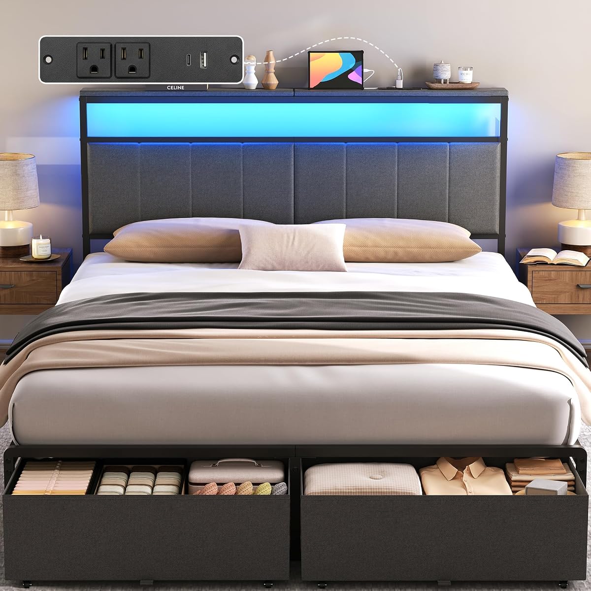 Grey Upholstered Queen Bed Frame with Drawers