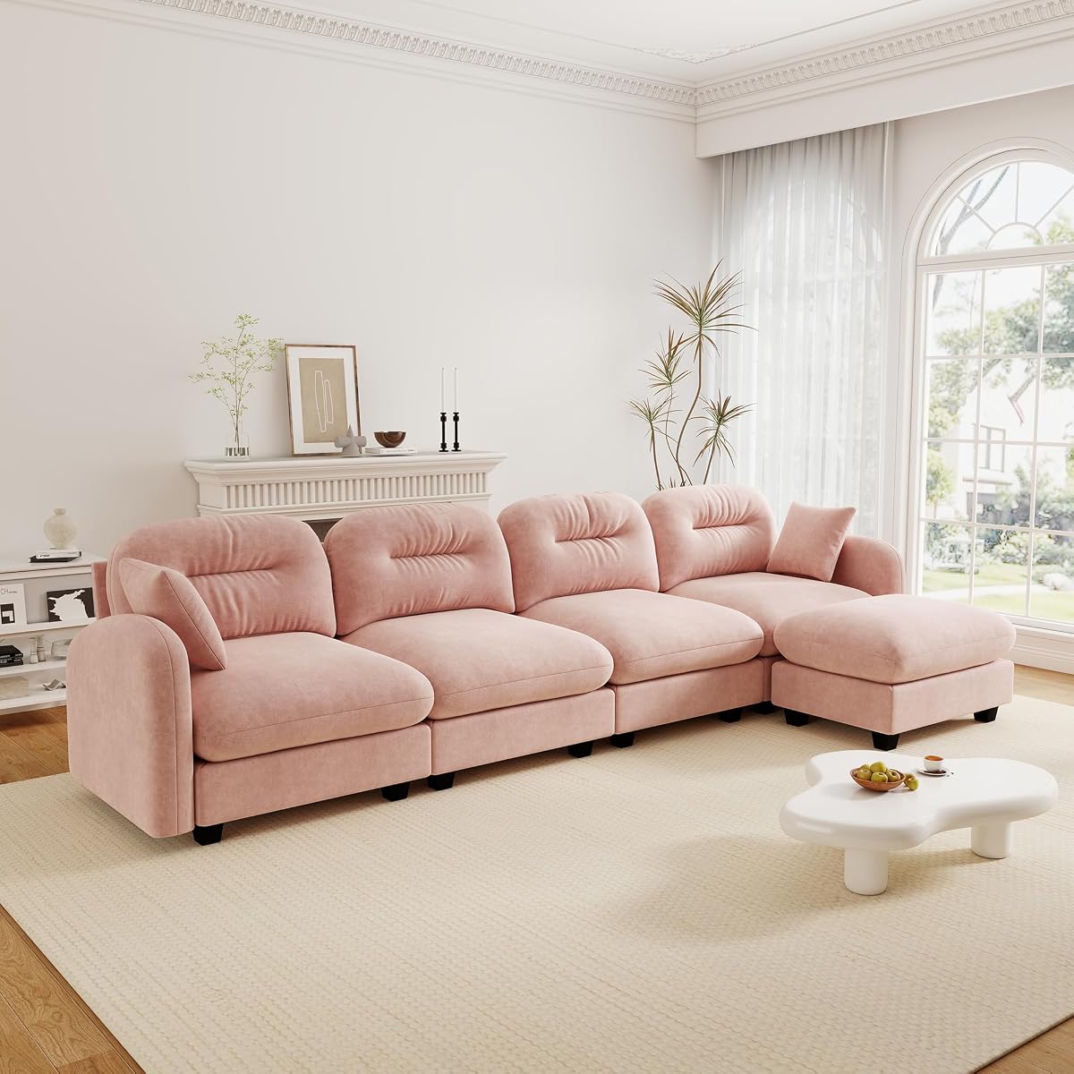 Cloud Couches for Living Room, Modular Sectional Sofa, 140" L-Shape Modular Couch with Movable Ottoman, Oversized Sectional Couch with Deep Seat, Pink