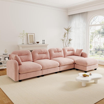 Cloud Couches for Living Room, Modular Sectional Sofa, 140" L-Shape Modular Couch with Movable Ottoman, Oversized Sectional Couch with Deep Seat, Pink