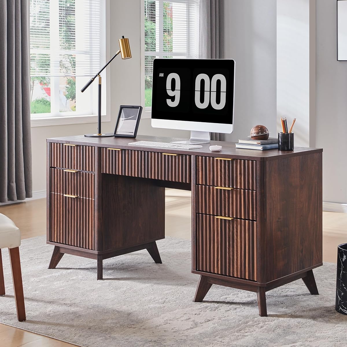 60" Modern Fluted Executive Desk with Drawers, Dark Walnut