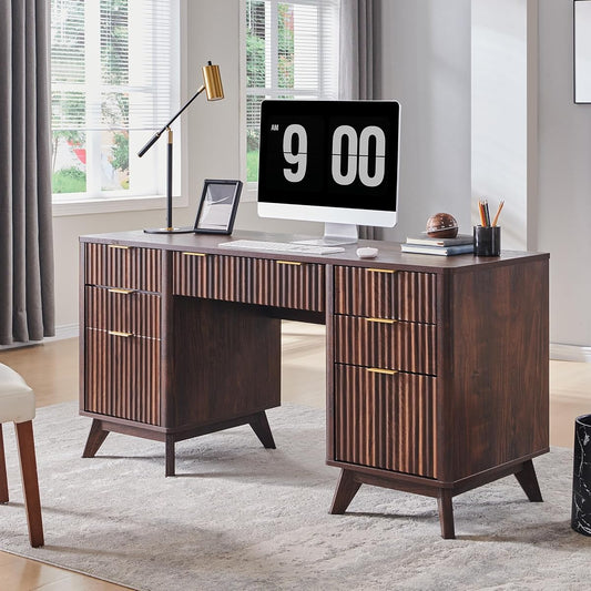 60" Modern Fluted Executive Desk with Drawers, Dark Walnut