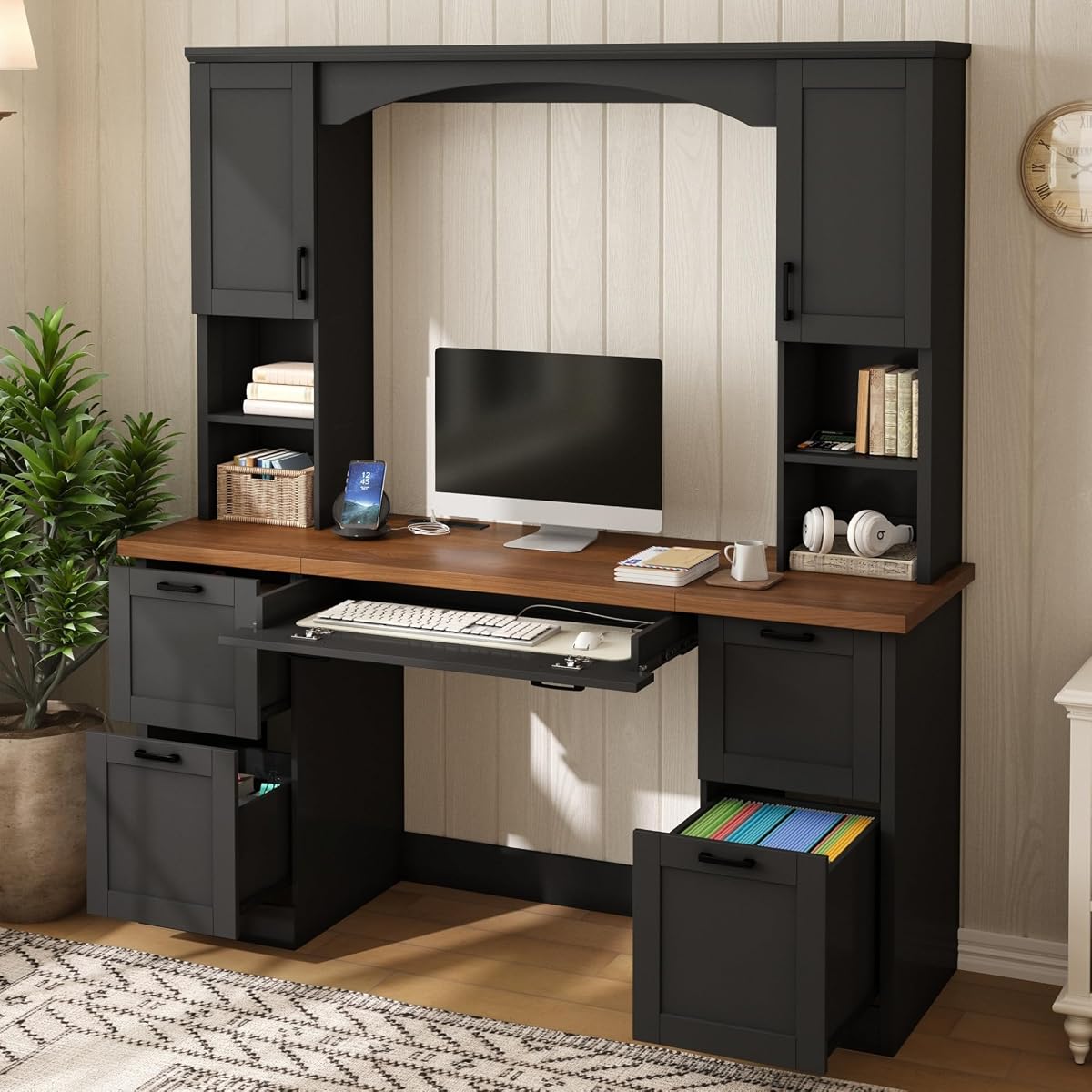 Farmhouse Arched 67" Computer Desk with Power Outlets & Keyboard Tray