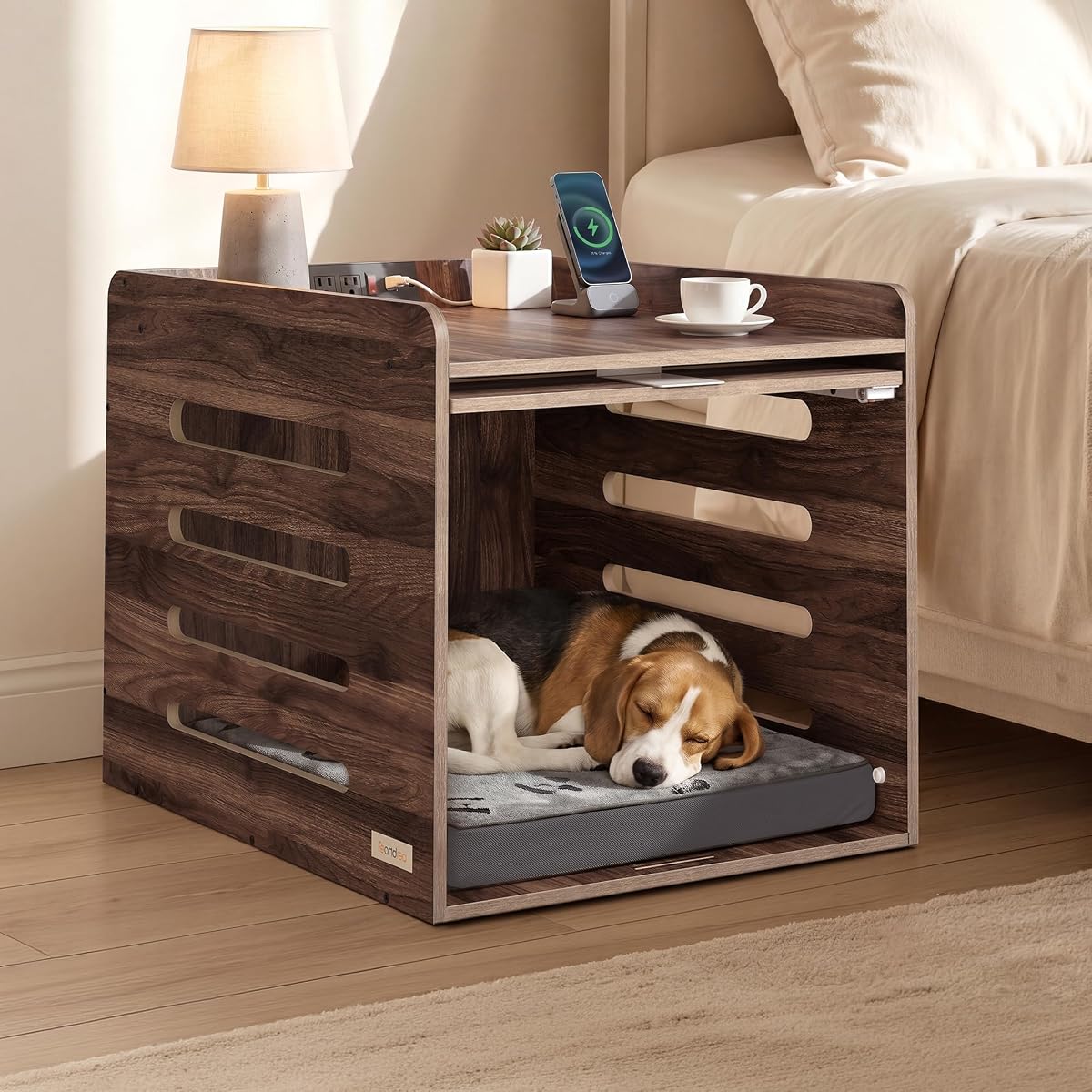 Modern Dog Crate Furniture with Flip-Up Hidden Door, Charging Station