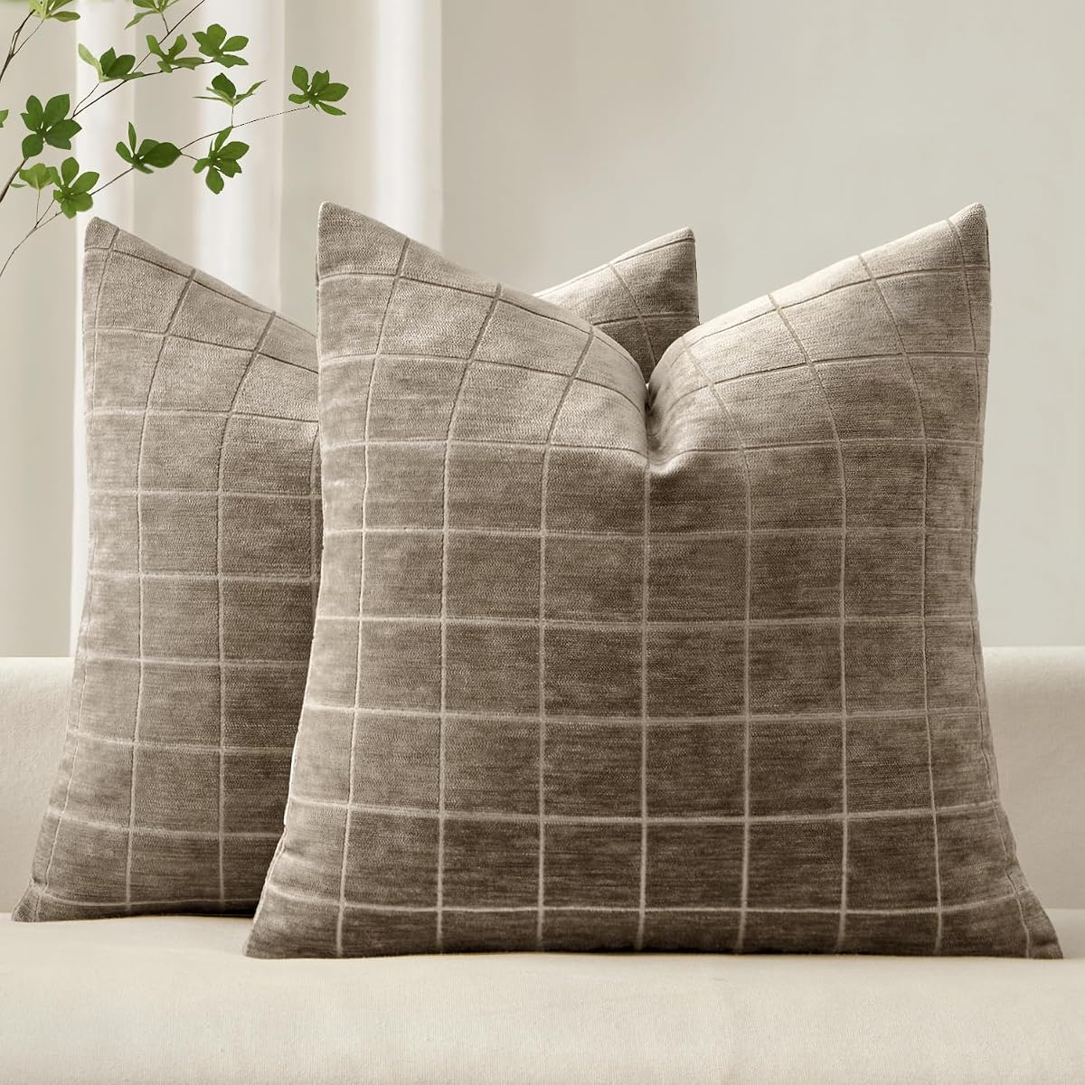 Taupe Grey Plaid Decorative Fall Throw Pillow Covers 20x20 Set of 2