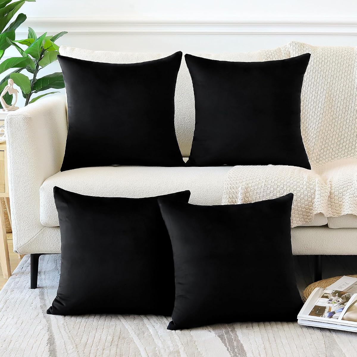 Set of 4 Decorative Throw Pillow Covers Soft Velvet Solid Square Pillow Cases Luxury Cushion Covers Case for Sofa Car Patio Bedroom Living Room 18x18 Inch, Black