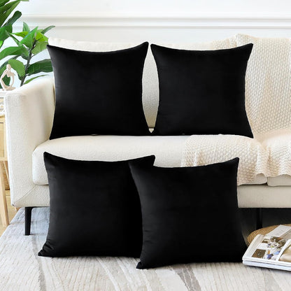 Set of 4 Decorative Throw Pillow Covers Soft Velvet Solid Square Pillow Cases Luxury Cushion Covers Case for Sofa Car Patio Bedroom Living Room 18x18 Inch, Black
