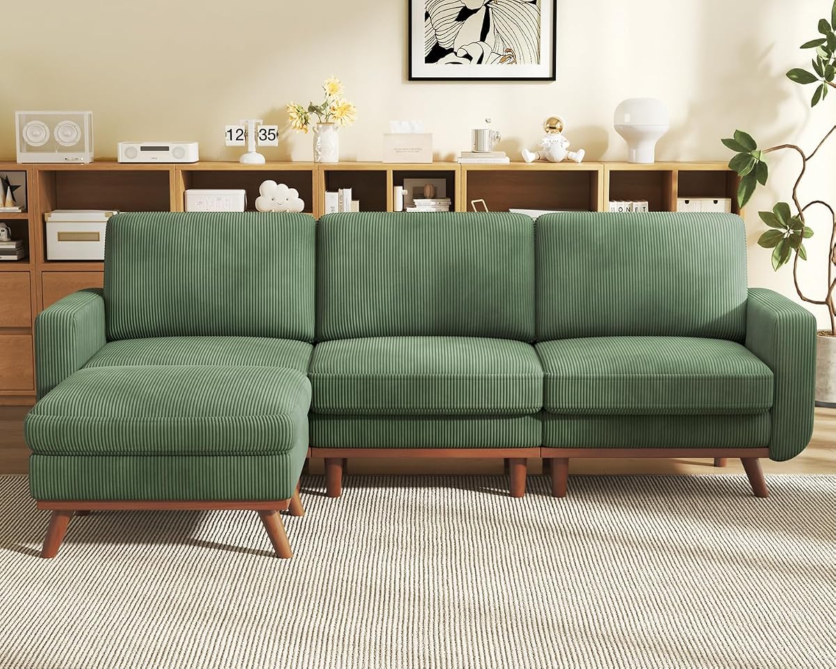97" L-Shape Modular Sofa, 3-Seat Corduroy Couch with Movable Ottoman, Sectional Sofa for Living Room, Green