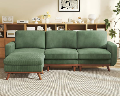97" L-Shape Modular Sofa, 3-Seat Corduroy Couch with Movable Ottoman, Sectional Sofa for Living Room, Green
