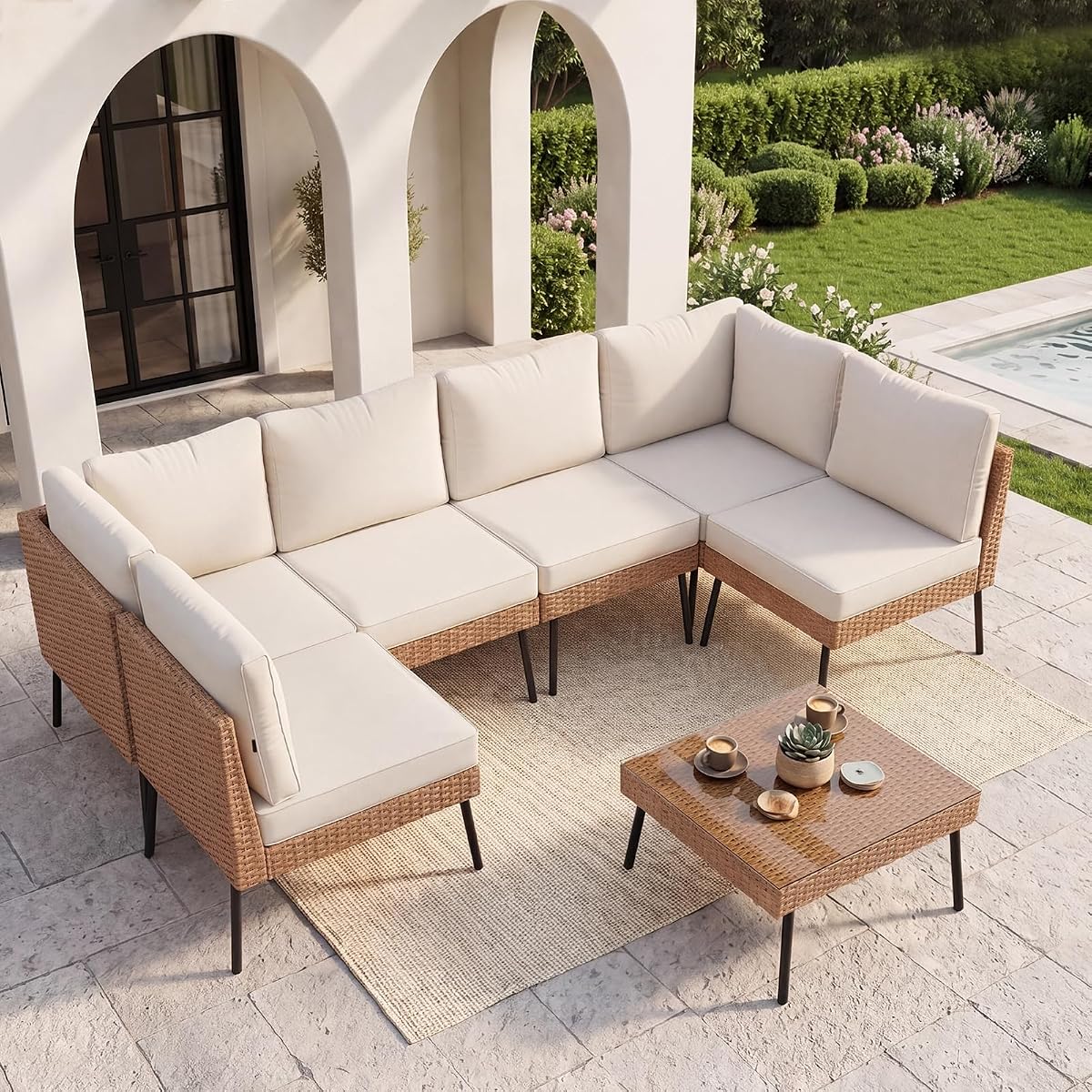 7-Piece Patio Furniture Set, Wicker Outdoor Furniture with Water Resistant Thick Cushions, Patio Conversation Set Outdoor Sectional Sofa with Coffee Table for Backyard Poolside, Beige