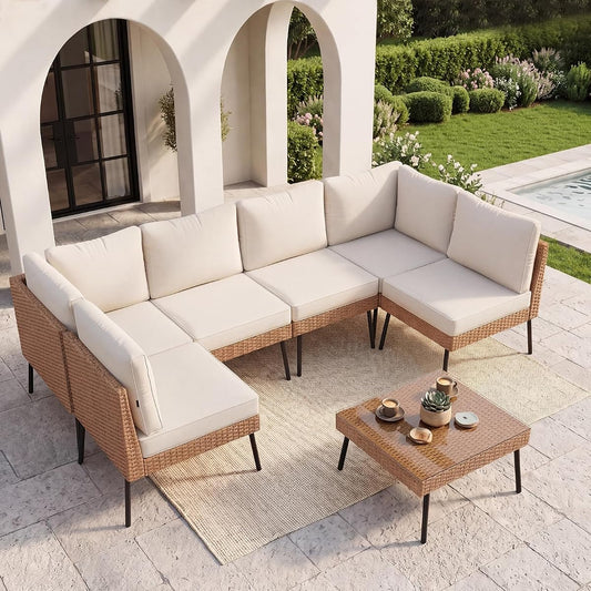 7-Piece Patio Furniture Set, Wicker Outdoor Furniture with Water Resistant Thick Cushions, Patio Conversation Set Outdoor Sectional Sofa with Coffee Table for Backyard Poolside, Beige