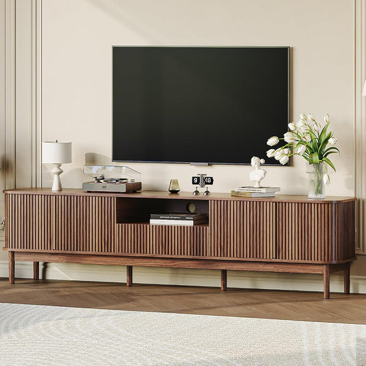 86.6'' Fluted TV Stand for 75/80/85 Inch TVs, Mid Century Modern Entertainment Center with Large Storage Space & Open Shelves, Walnut TV Console with Sliding Doors for Living Room