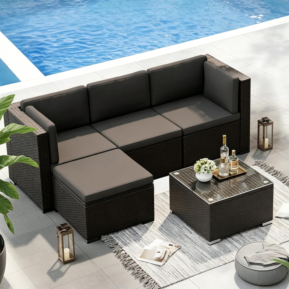 5-Piece Outdoor Patio Furniture Set, All-Weather PE Rattan Sectional Sofa with Ottoman, Glass Coffee Table & Cushions, Modular Wicker Conversation Set for Backyard, Garden, Porch, Dark Grey
