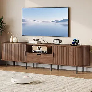 86.6" TV Stand with Power Outlet for TVs up to 90", Walnut Media Console, view 2
