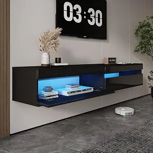 Solid Wood Floating TV Stand with LED Lighting & Power Outlet, view 2