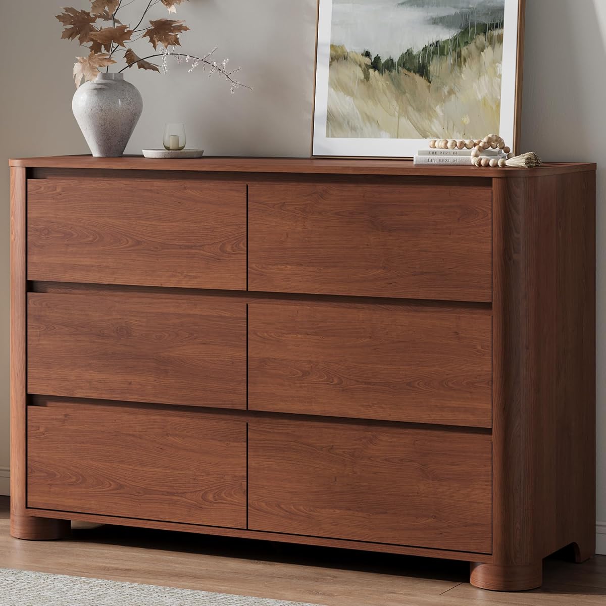 Walnut 6 Drawer Dresser for Bedroom, 47" Wide Chest of Drawers