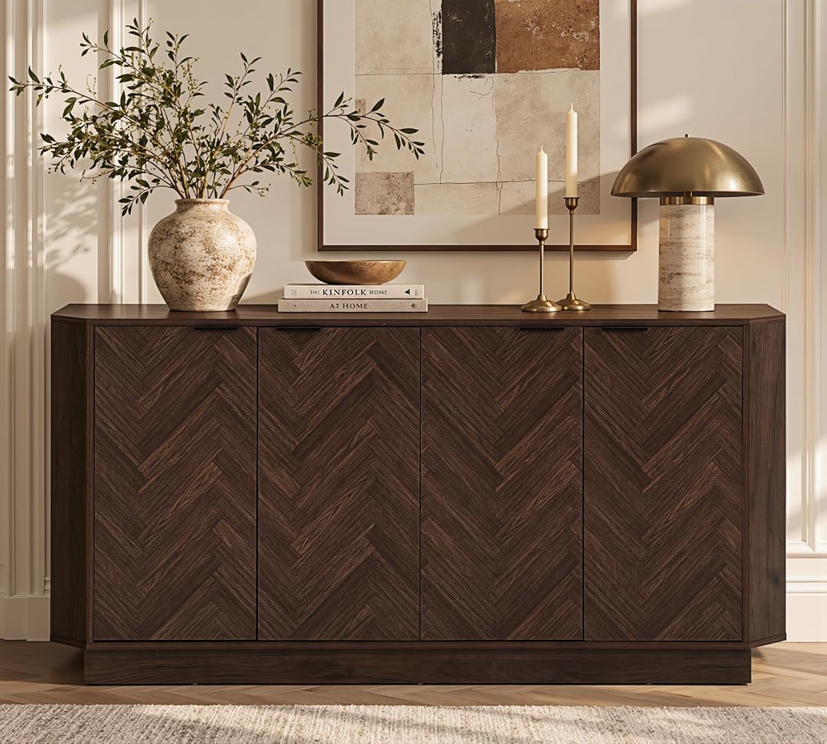 66.7" Buffet Cabinet with Storage, Herringbone Design, Walnut