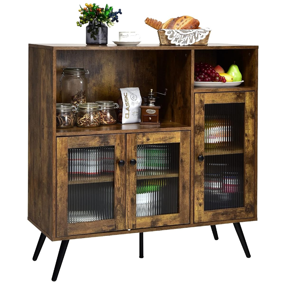 Buffet Sideboard with Storage, Industrial Cupboard, 3 Door Wood Pantry, Credenza with 2 Shelves, Standing Storage Cabinet with Legs, Kitchen Living Room