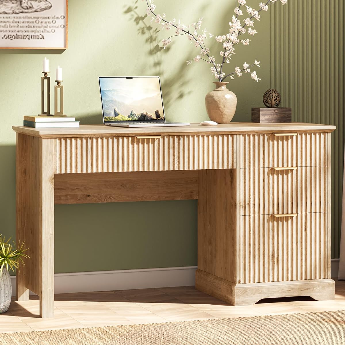 Fluted Executive Desk with Drawers, Wood Computer Desk with Ample File Drawer, Home Office Desk with Storage for Study, Bedroom, Living Room, Oak