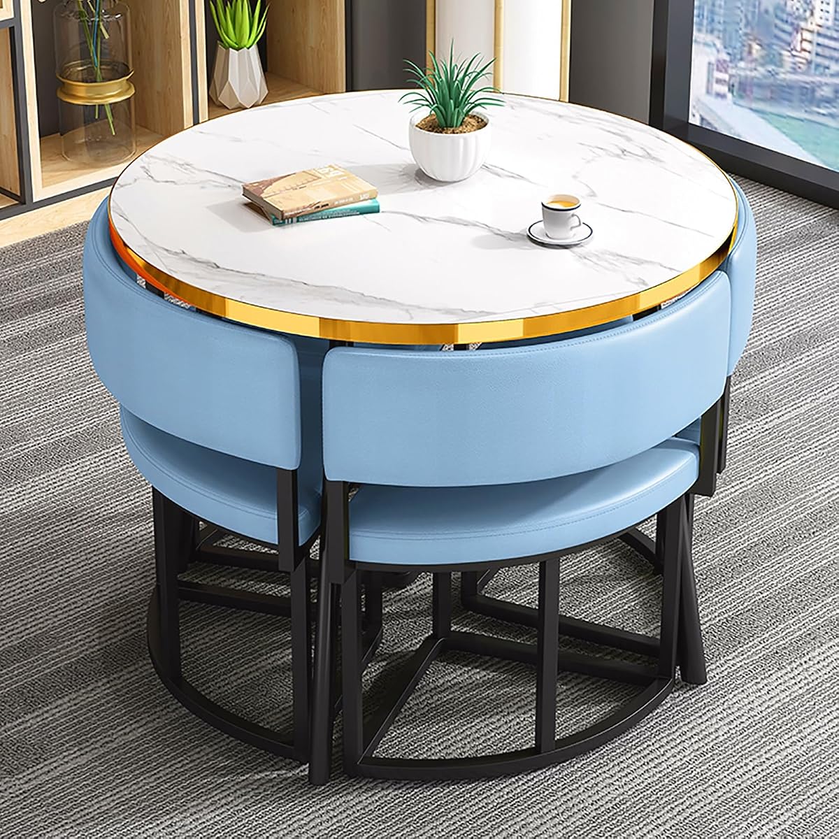 Round Dining Table Set for 4 with Chairs Space Saving Kitchen Furniture for Small Apartments Modern Reception Table and Chair Combination,Blue-One Size