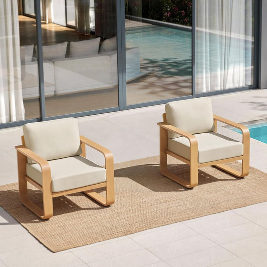 CHITA Aluminum Outdoor Chairs Set of 2, Modern Patio Furniture Chairs Set | 100% Aluminum Frame, Wood-Like Finish Grain, 6.3in Thickened Cushion, OEKO-TEX Olefin Washable Covers, Anti-slip Straps