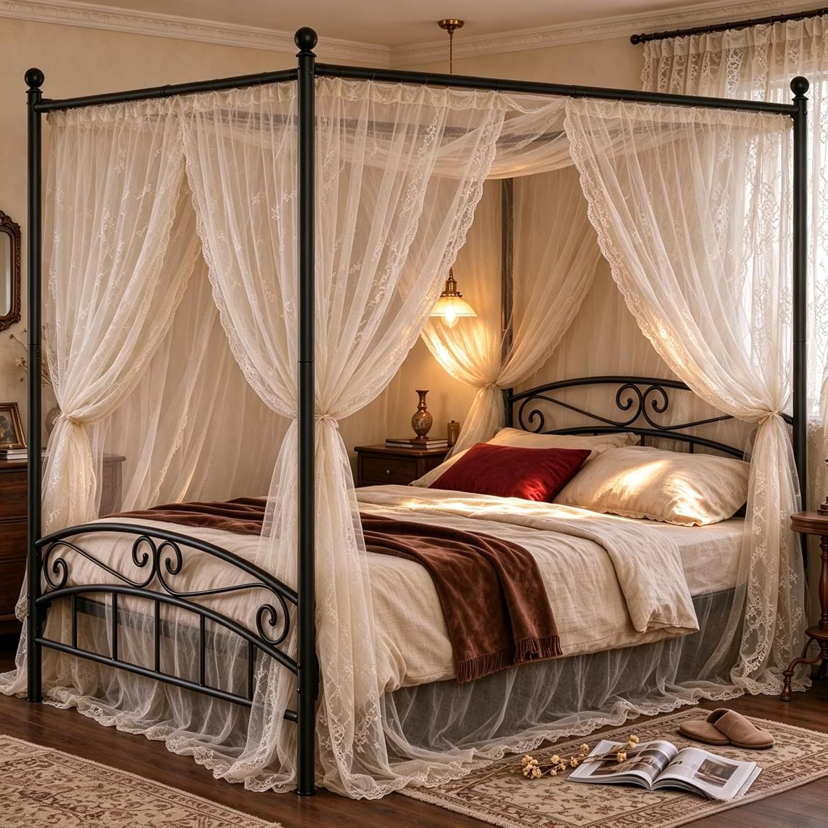 Full Size Canopy Bed Frame Black, Metal Four Posters Bed Frame