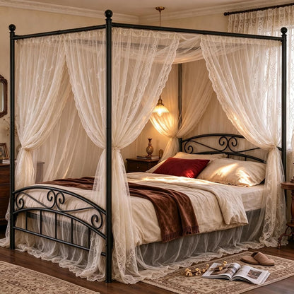 Full Size Canopy Bed Frame Black, Metal Four Posters Bed Frame