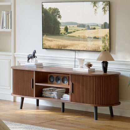 Mid Century Modern TV Stand for TVs up to 60 Inch, Entertainment Center with Fluted Sliding Doors and Hidden Storage, TV Console with Adjustable Shelf for Living Room, Bedroom, Walnut