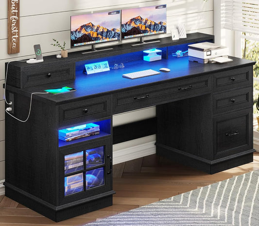 59.1" Executive Desk with File Drawer, Home Office Desk with Charging Station & LED Lights, Computer Desk with Drawers & Storage Cabinet, Executive Office Desk with Monitor Stand, Black