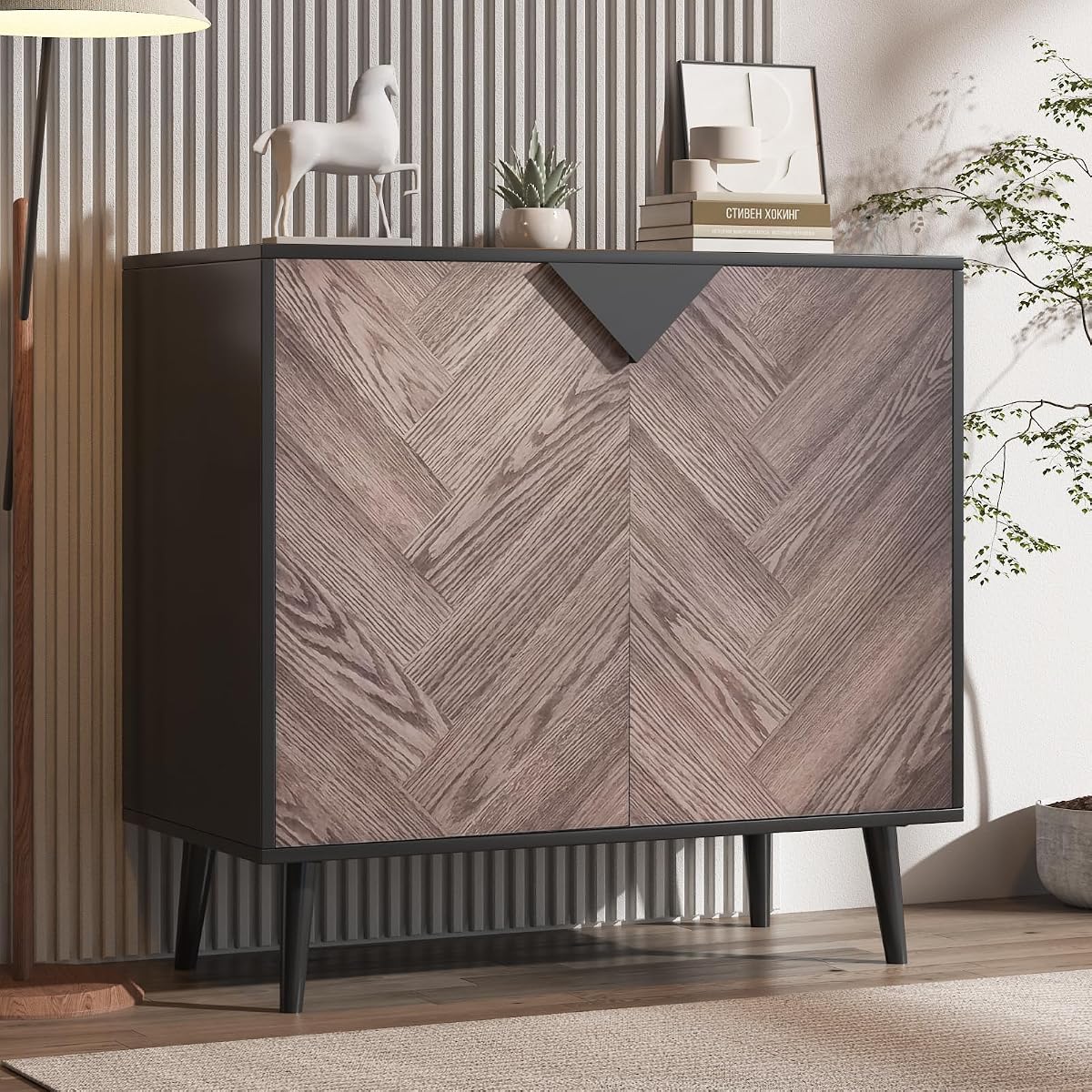 Wood Finish Storage Free Standing Accent Cabinet, Buffet Cabinet with Doors, Sideboard Table with Storage for Dining Room, Entryway, Black+Grey, 15.8" D x 31.5" W x 29.3" H