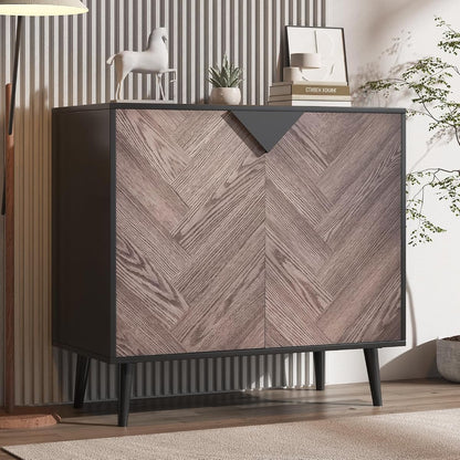 Wood Finish Storage Free Standing Accent Cabinet, Buffet Cabinet with Doors, Sideboard Table with Storage for Dining Room, Entryway, Black+Grey, 15.8" D x 31.5" W x 29.3" H