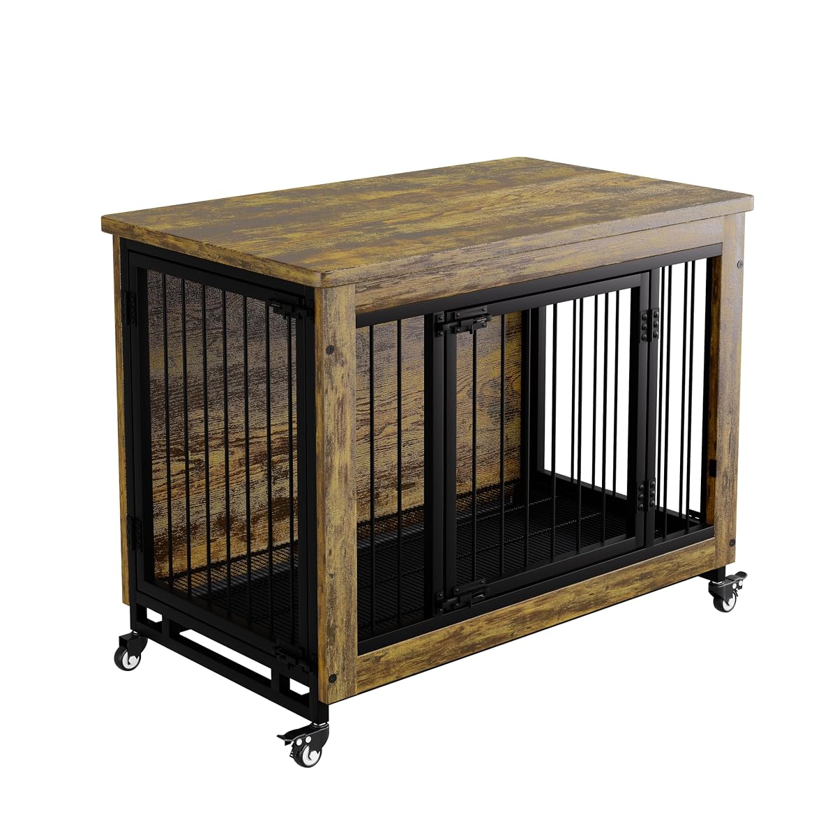 Rustic Wood Dog Crate Furniture with 3 Doors & Wheels