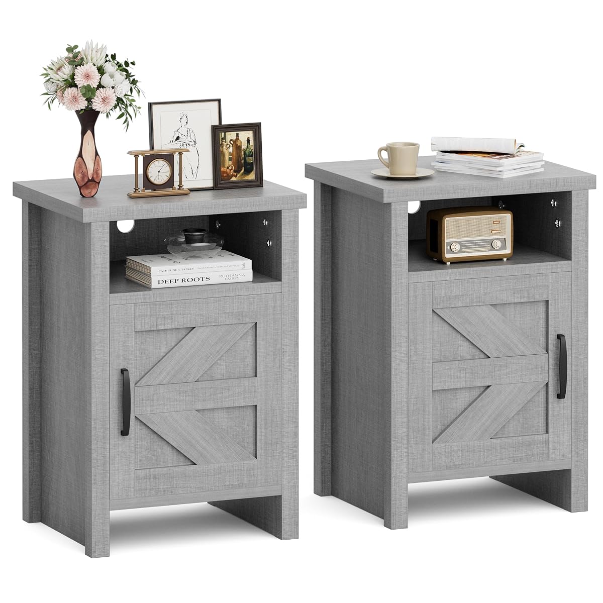 Farmhouse Nightstand, Modern Bedside Table with Barn Door and Shelf, Rustic End Table Side Table for Bedroom,Living Room(2, Classic Grey)