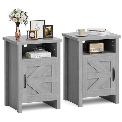 Farmhouse Nightstand, Modern Bedside Table with Barn Door and Shelf, Rustic End Table Side Table for Bedroom,Living Room(2, Classic Grey)