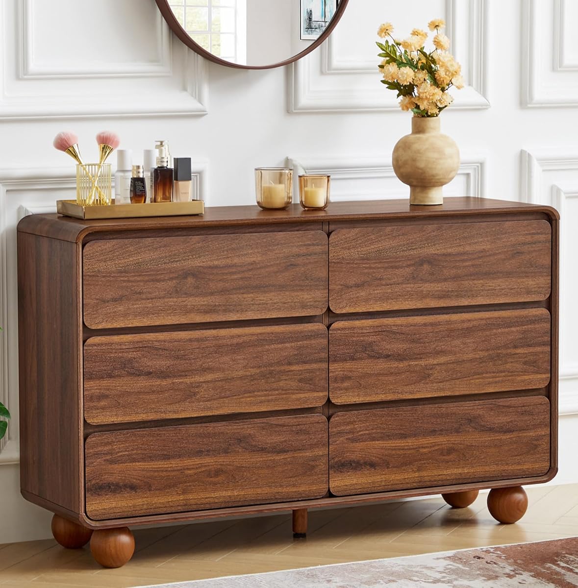 Modern 6 Drawer Dresser for Bedroom, 48" Wooden Chest of Drawers, Walnut