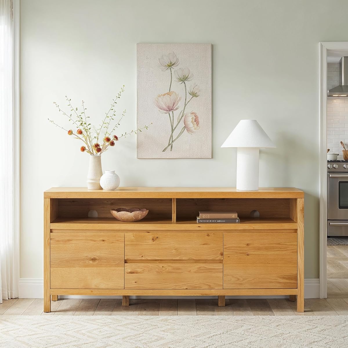 Nash Modern Farmhouse Rustic Solid Oak Wood Sideboard with Storage, 65 inch, White Oak
