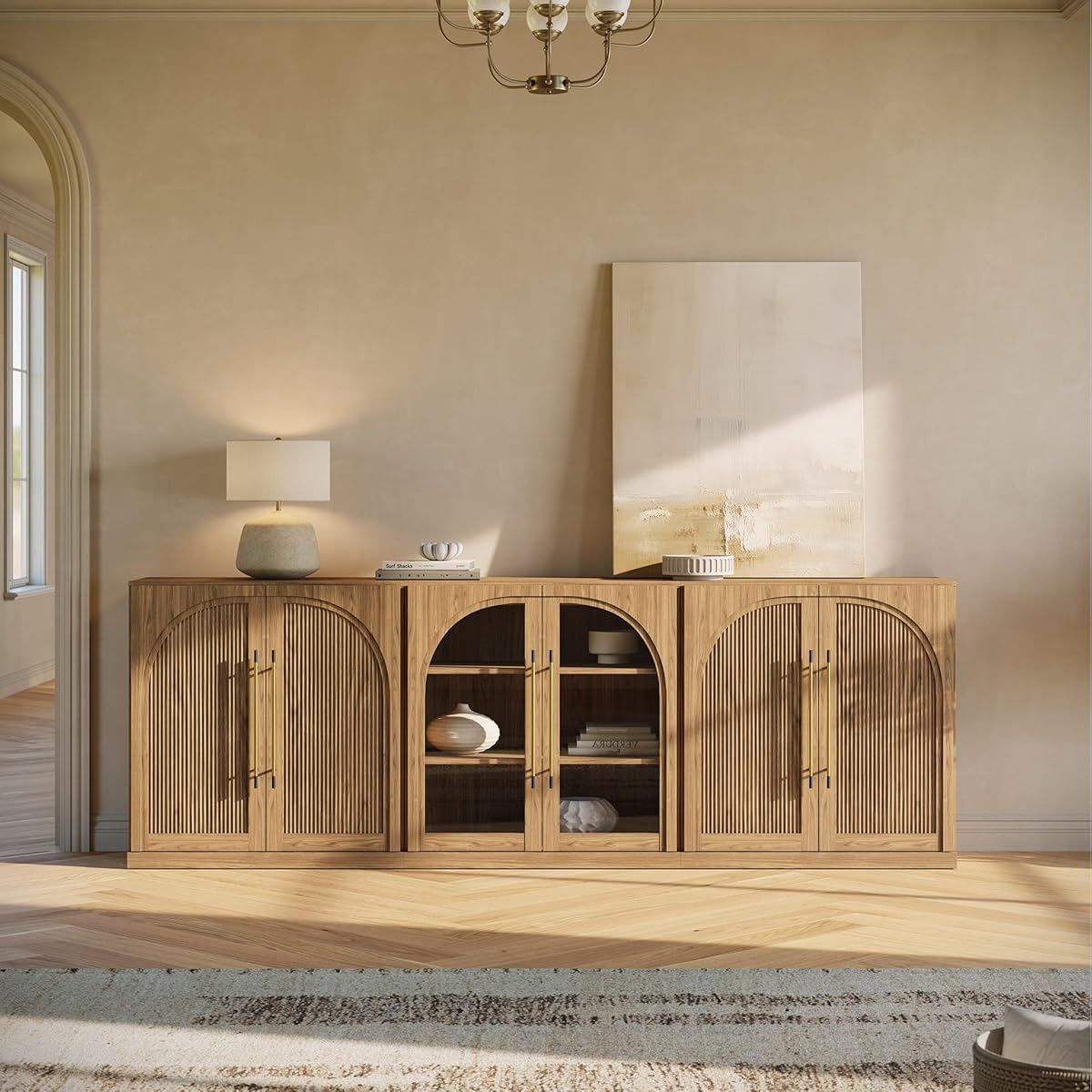 3-Piece Modular Sideboard Buffet Set Freely Configurable 2 Arched Wood Door and 1 Glass Display Cabinet 97'' Classic Modern Storage Credenza for Dining Living Room - Camel