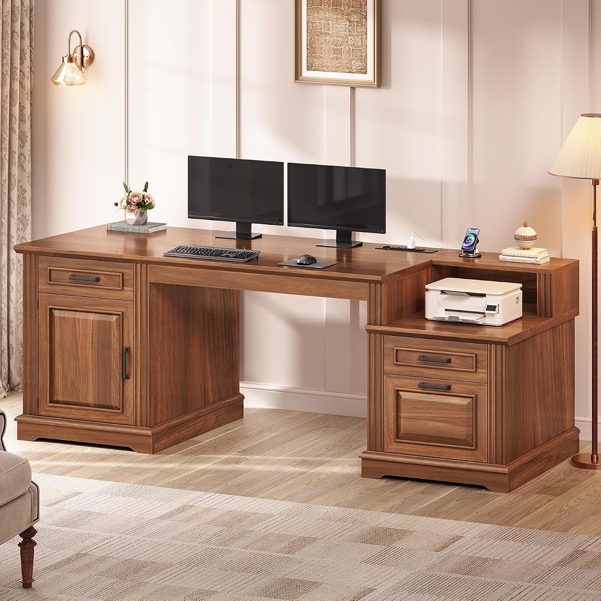 Farmhouse Executive Desk, 62'' Home Office Desk with File Drawers