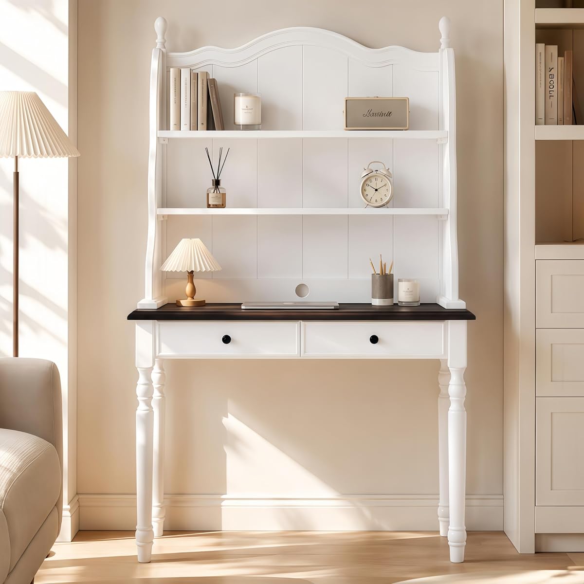 Vintage Writing Desk with Hutch, Drawers and Storage Shelves