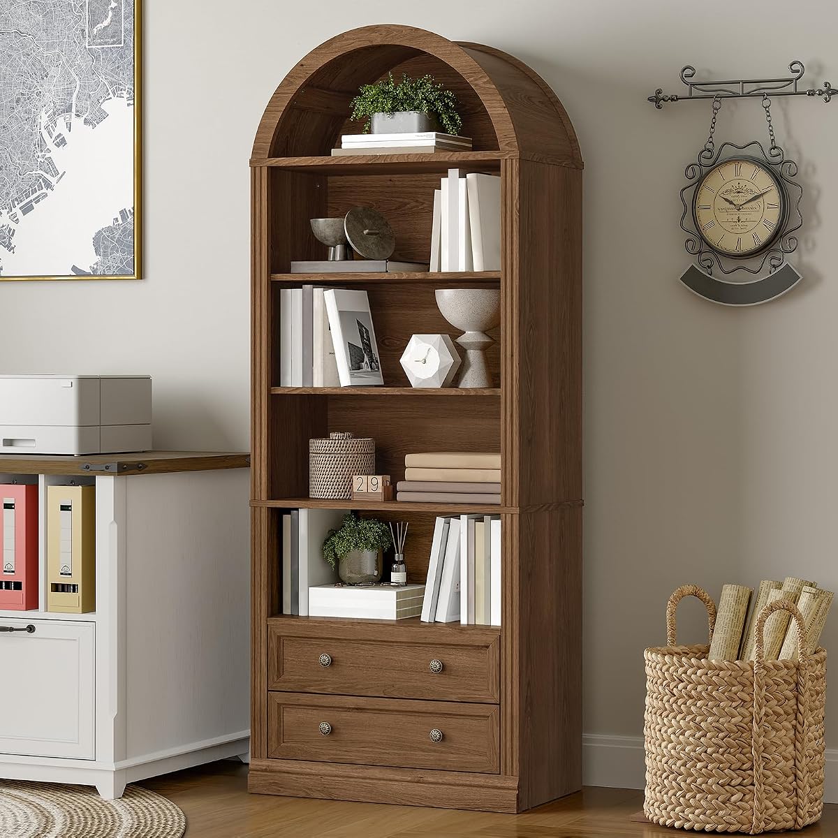 Farmhouse Arched Bookshelf, 7 Tiers Arch Bookcase with 2 Spacious Drawers