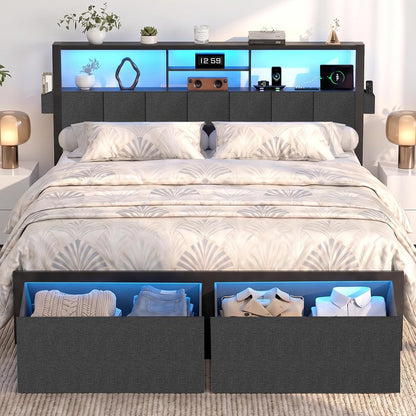 Queen Bed Frame with LED Lights, Storage Drawers and Charging Station