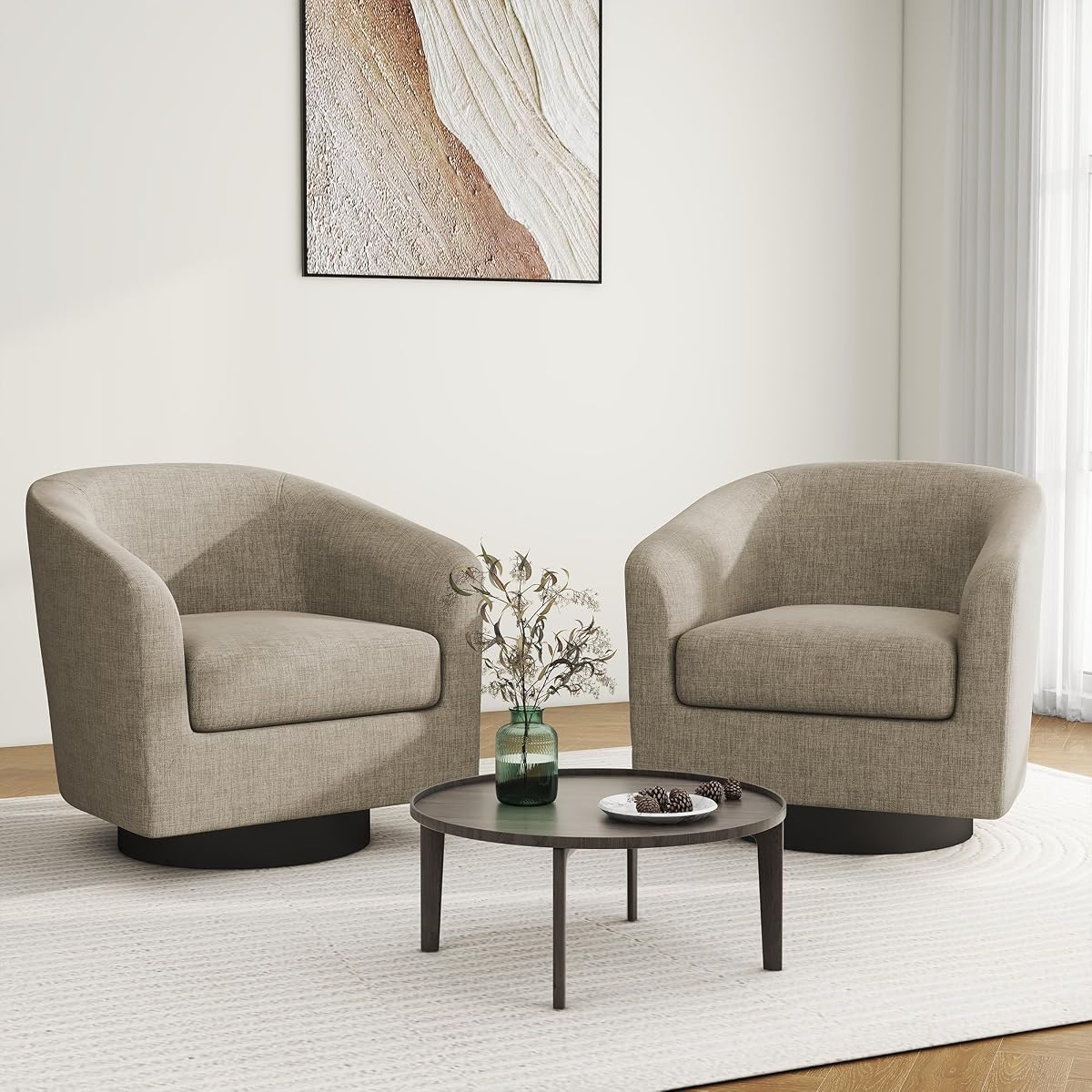 Swivel Barrel Accent Chair, Modern Round Linen Arm Chair for Living Room, Bedroom, Comfy Club Reading Chairs for Adults（Linen Fabric, Light Brown, Set of 2