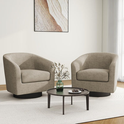 Swivel Barrel Accent Chair, Modern Round Linen Arm Chair for Living Room, Bedroom, Comfy Club Reading Chairs for Adults（Linen Fabric, Light Brown, Set of 2