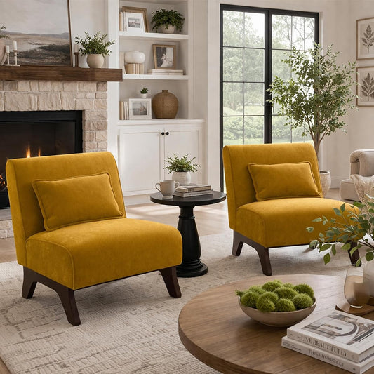 Armless Accent Chairs Set of 2,Modern Comfy Upholstered Living Room Chairs with Wooden Legs& Pillows,Lounge Sofa Side Chair for Bedroom Farmhouse Reading (2PCS, Yellow)