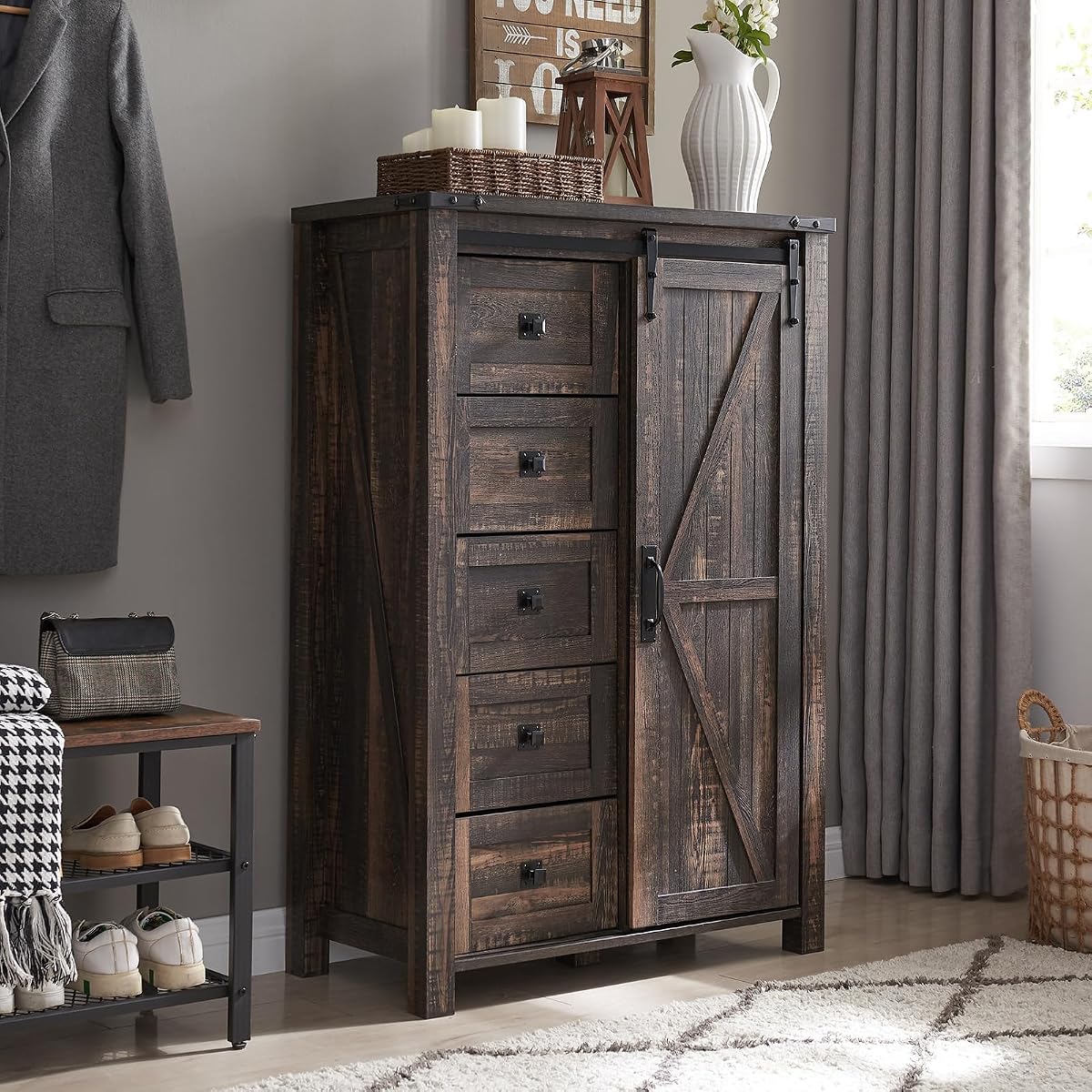 5 Drawers Dresser for Bedroom w/Sliding Barn Door, Farmhouse Modern Tall Dresser 5 Chest of Drawers, Storage Organizer for Bedroom, Hallway, Living Room, Kids Room, Dark Rustic Oak