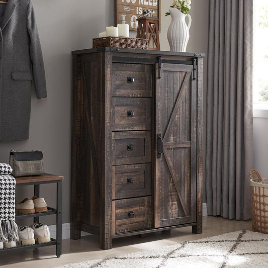 5 Drawers Dresser for Bedroom w/Sliding Barn Door, Farmhouse Modern Tall Dresser 5 Chest of Drawers, Storage Organizer for Bedroom, Hallway, Living Room, Kids Room, Dark Rustic Oak